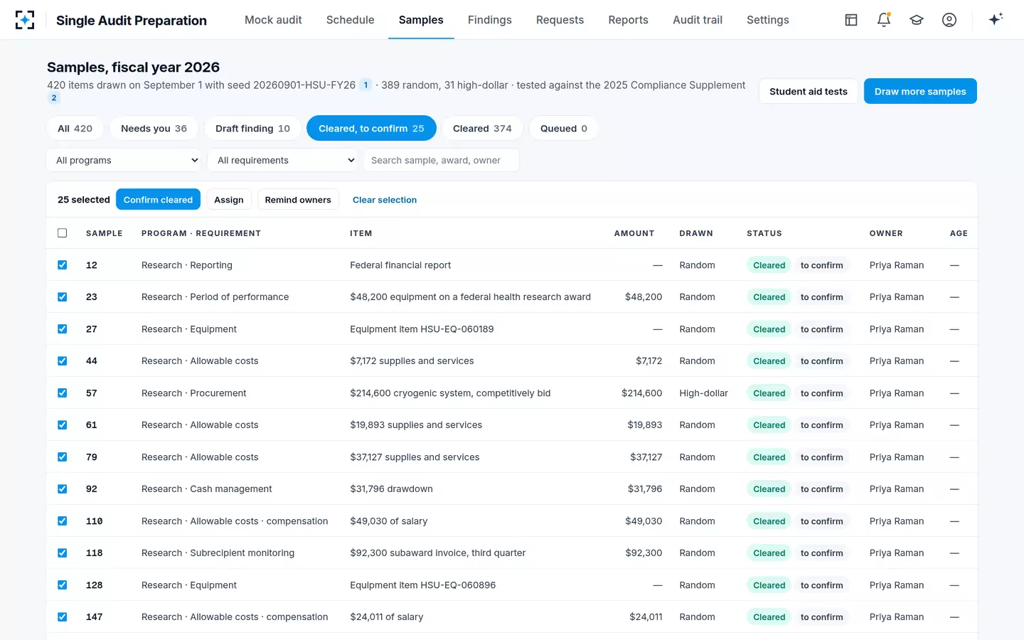 Single Audit Preparation — Confirm the agents' clears in bulk, at or above the threshold