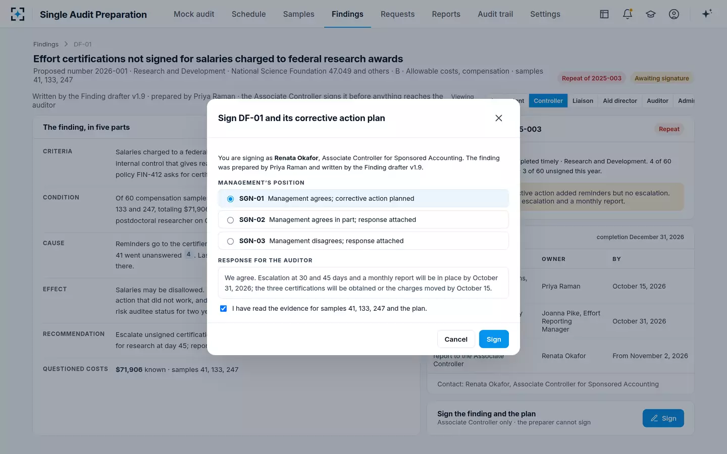 Single Audit Preparation — Only the Associate Controller signs