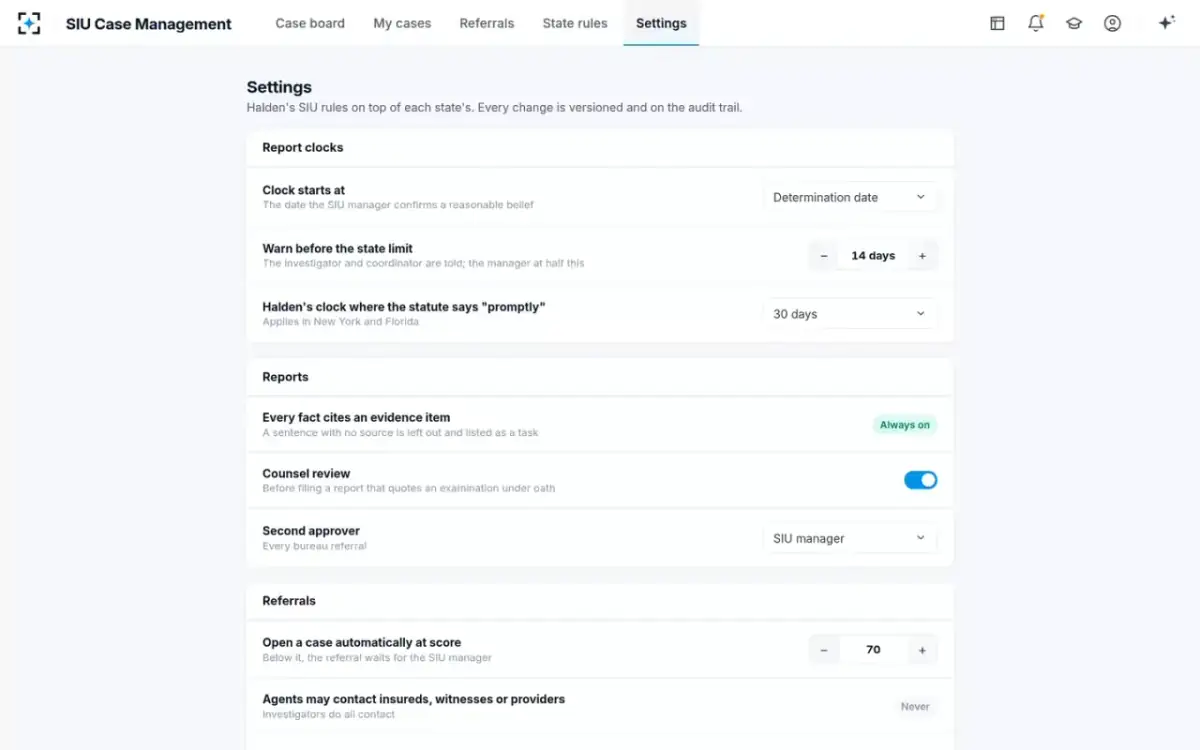 SIU Case Management — Settings