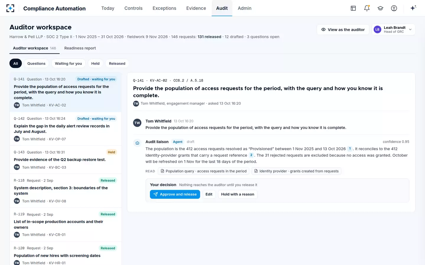Compliance Automation (SOC 2 & ISO 27001) — Auditor workspace
