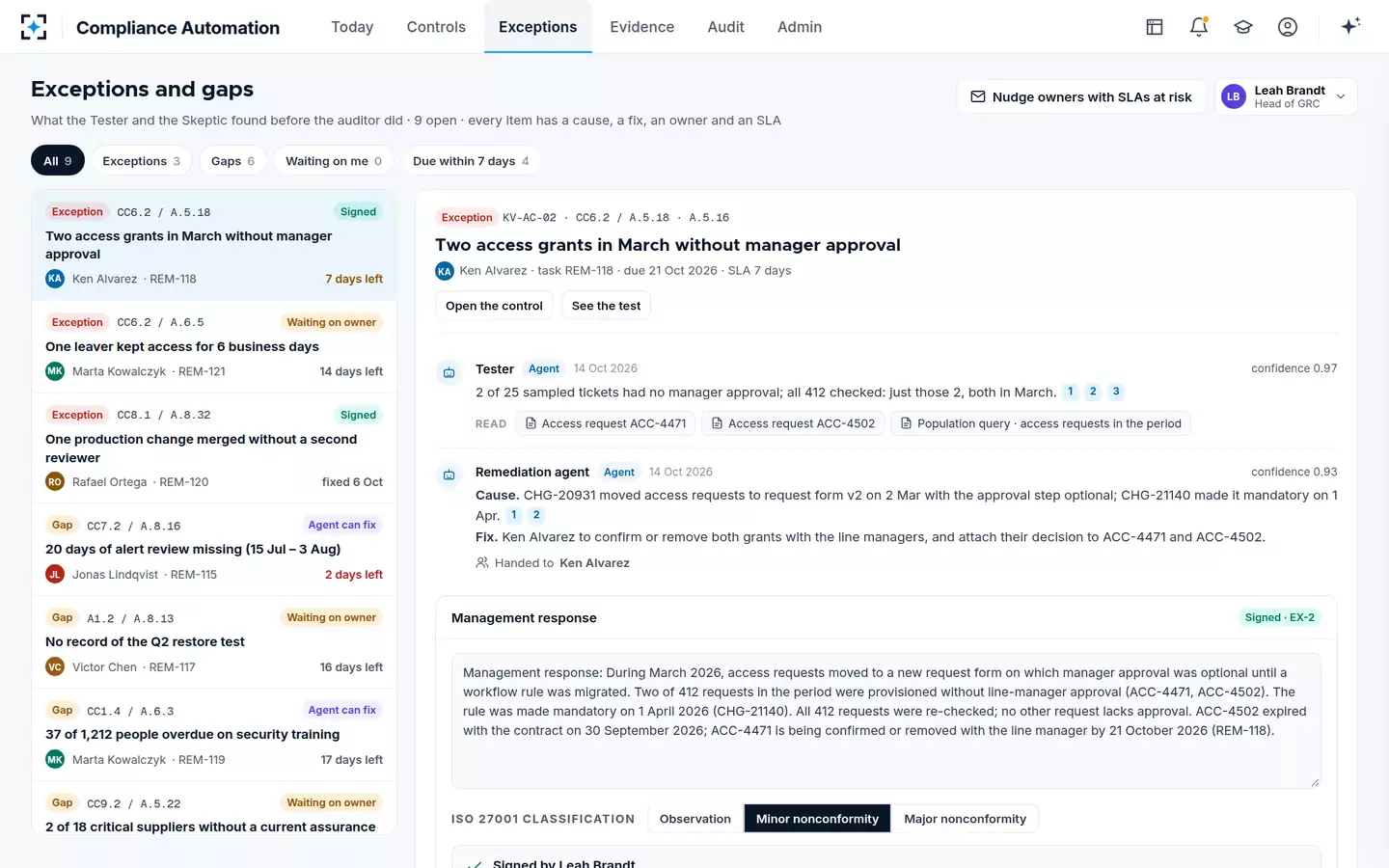 Compliance Automation (SOC 2 & ISO 27001) — Exceptions and gaps
