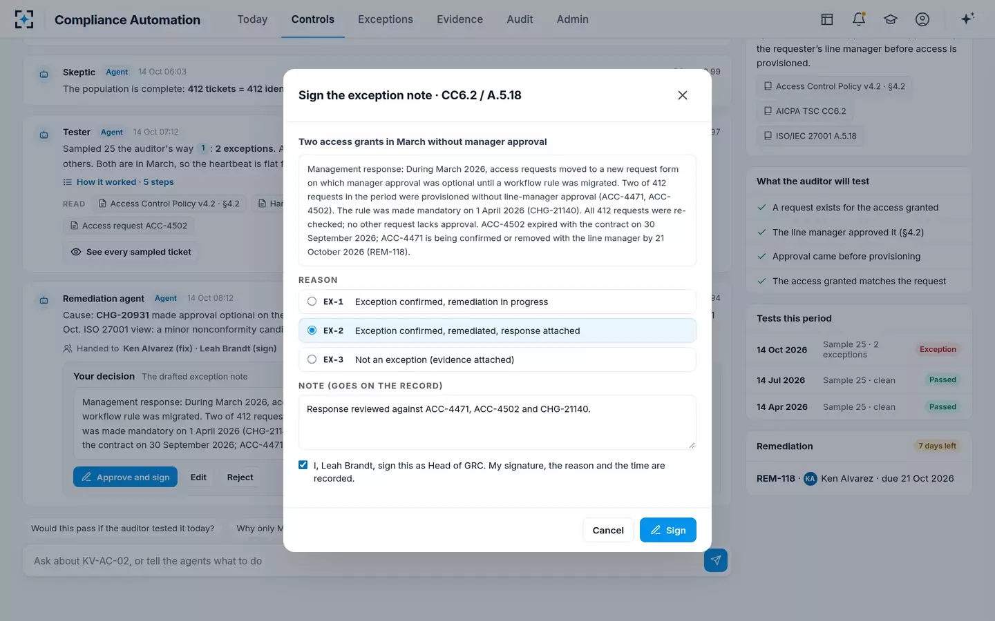 Compliance Automation (SOC 2 & ISO 27001) — Sign the exception note