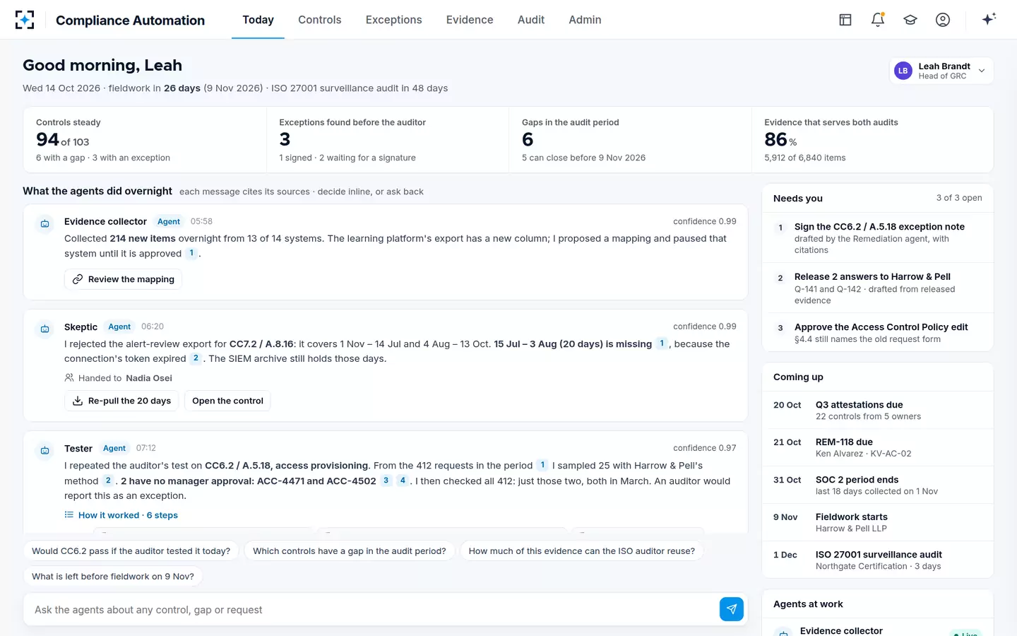Compliance Automation (SOC 2 & ISO 27001) — Today