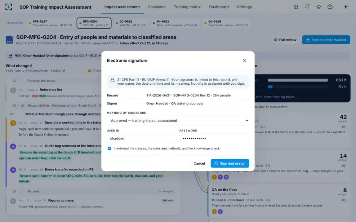 SOP Training Impact Assessment — QA e-signature
