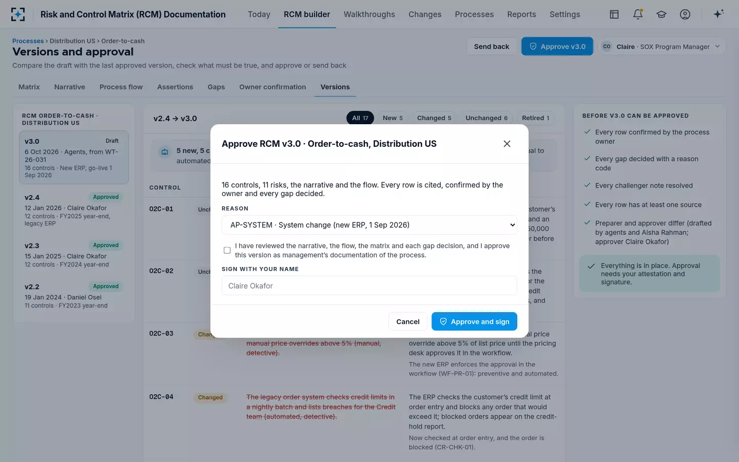 Risk and Control Matrix (RCM) Documentation — Versions and approval