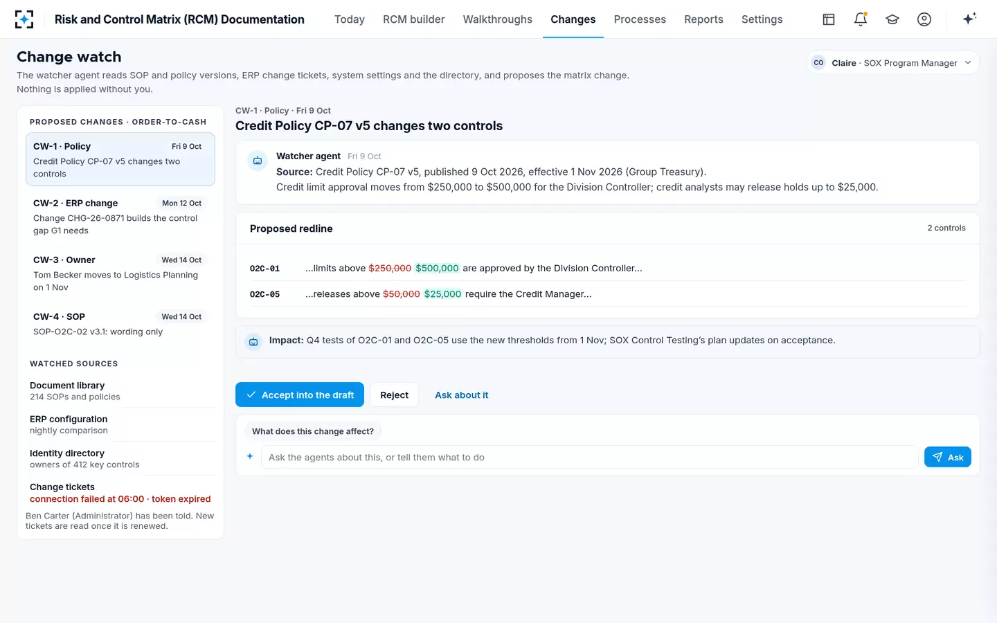 Risk and Control Matrix (RCM) Documentation — Change watch