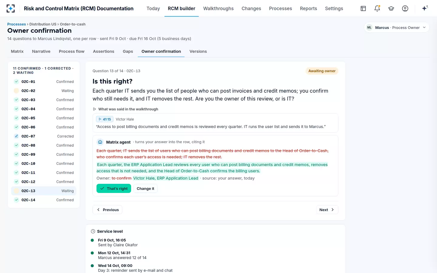 Risk and Control Matrix (RCM) Documentation — Owner confirmation