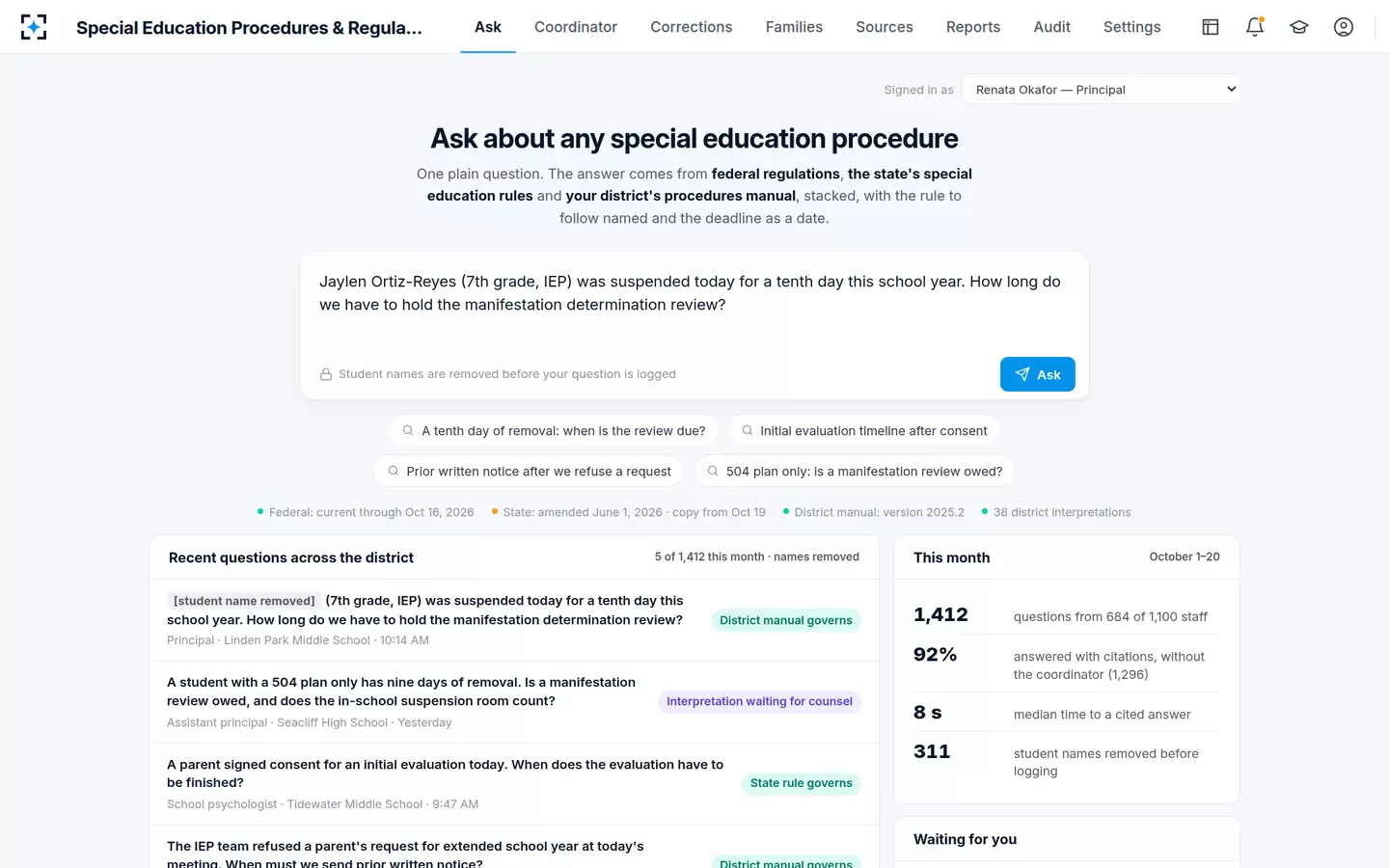 Special Education Procedures & Regulations Search — Ask in plain words; names are removed before anything is logged