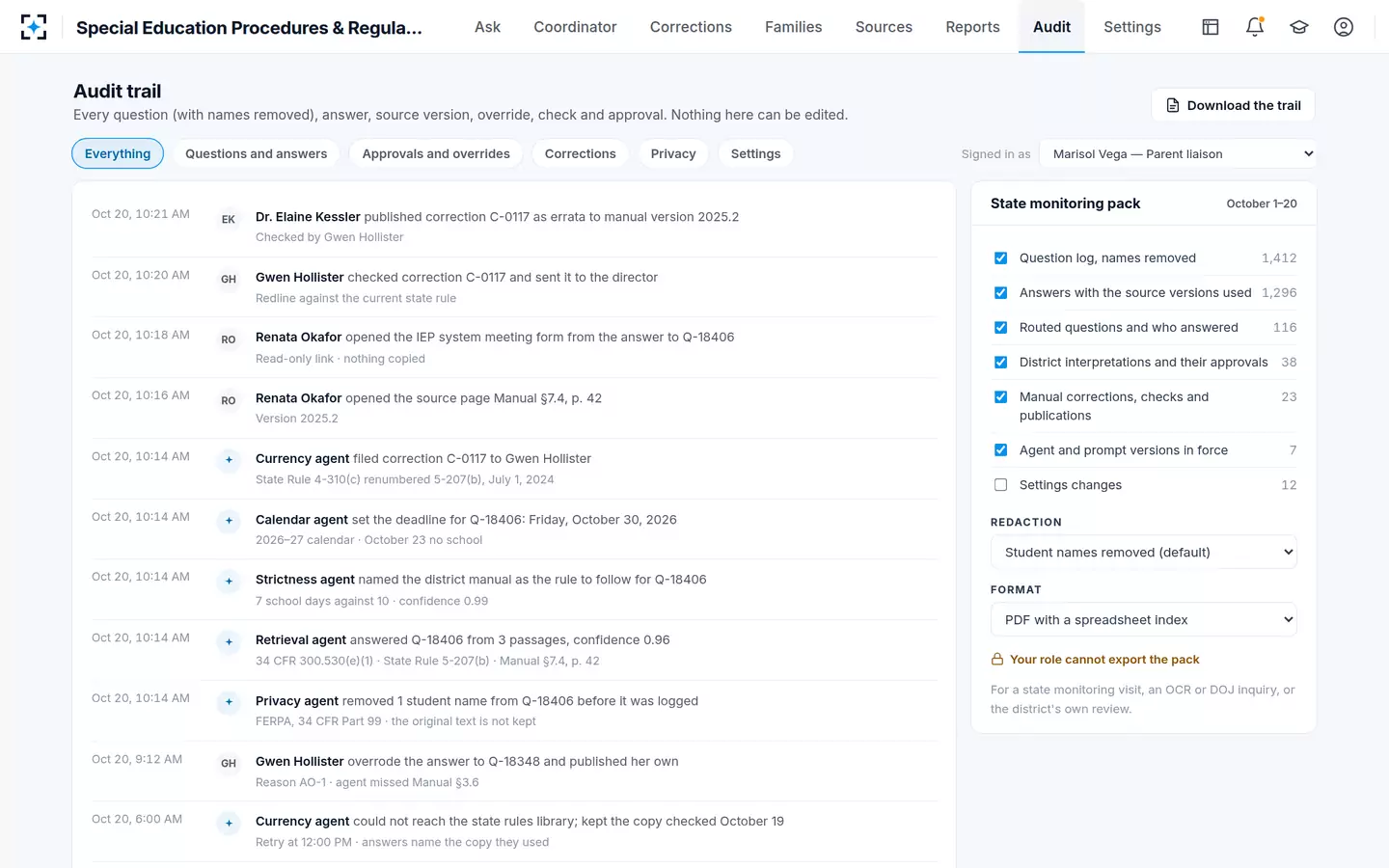 Special Education Procedures & Regulations Search — Every question, answer, source version and approval, in one trail
