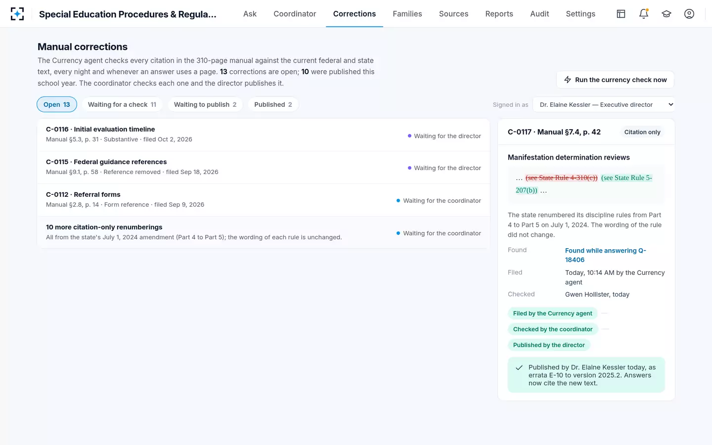Special Education Procedures & Regulations Search — Checked by one person, published by another