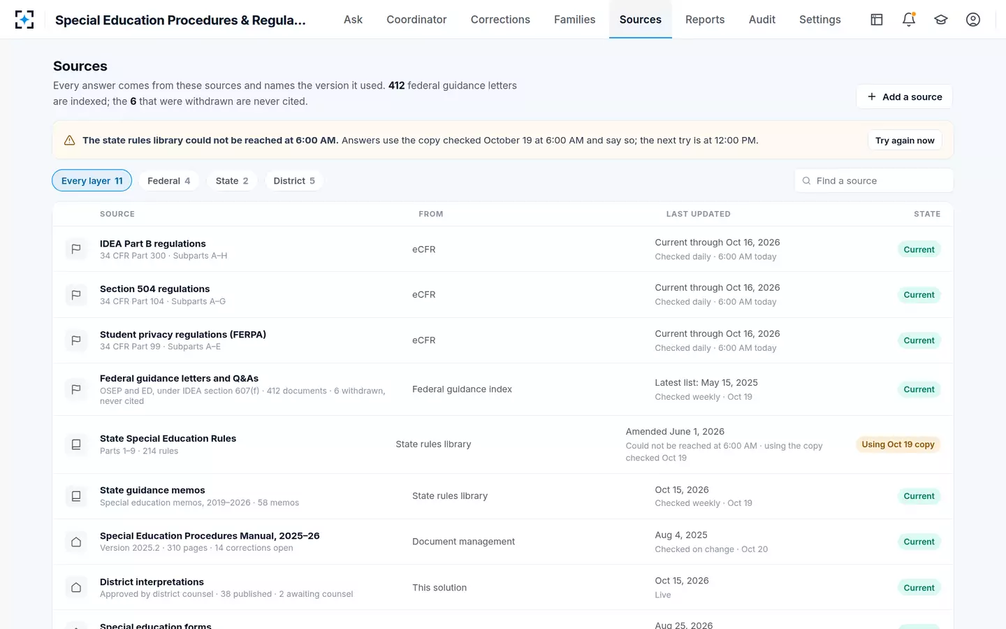 Special Education Procedures & Regulations Search — Every source, its version and its sync state