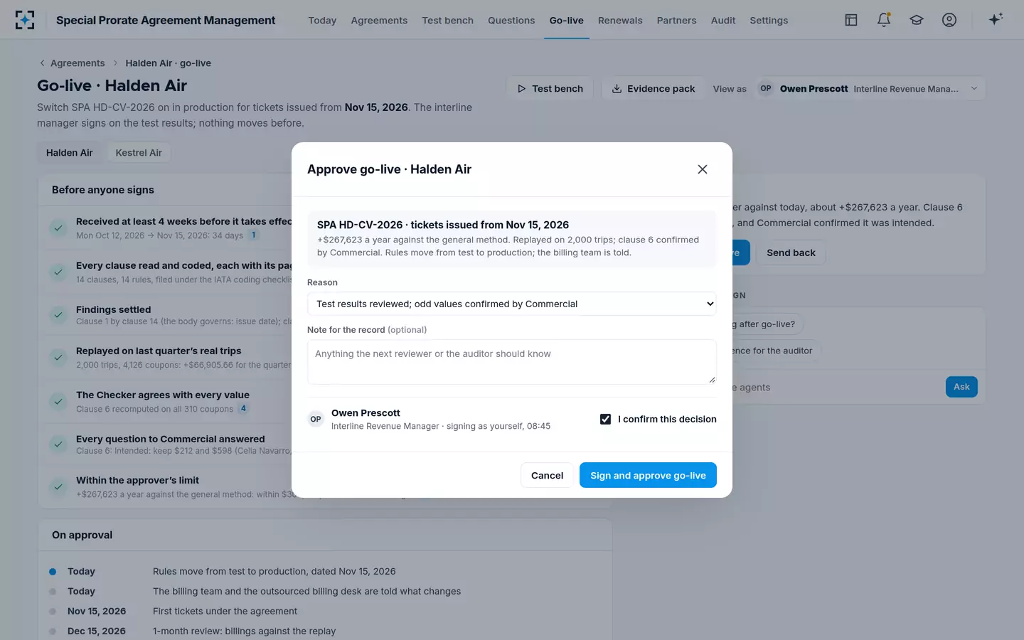 Special Prorate Agreement Management — Approve go-live
