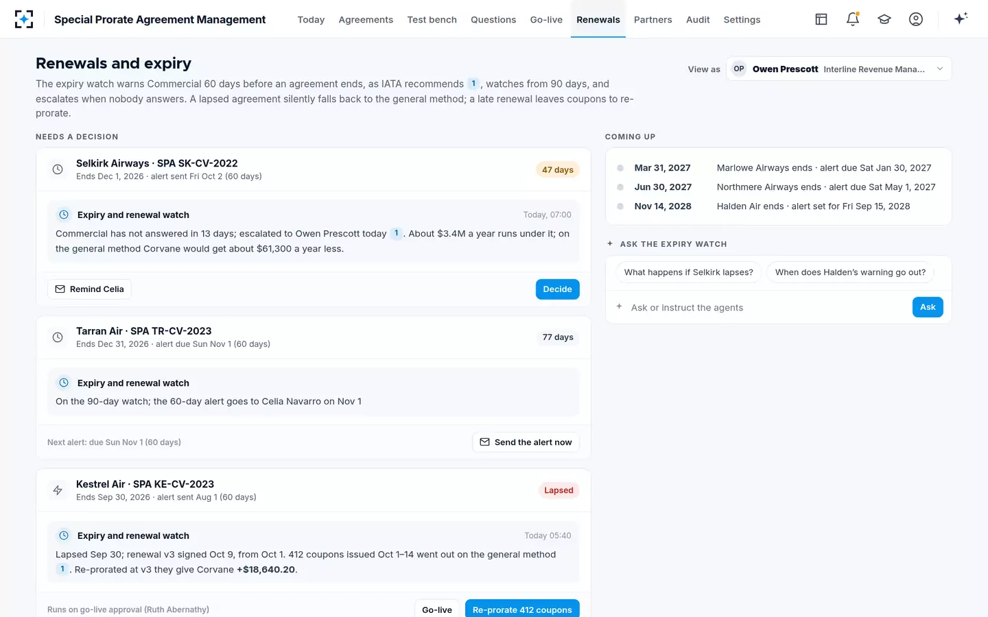 Special Prorate Agreement Management — Renewals and expiry