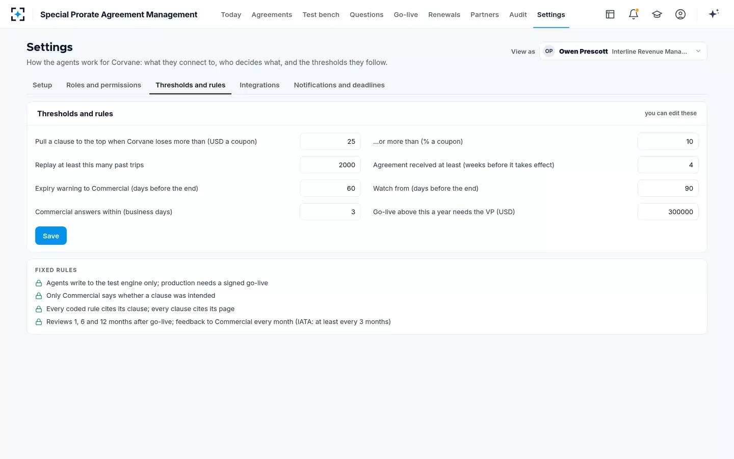 Special Prorate Agreement Management — Thresholds and rules