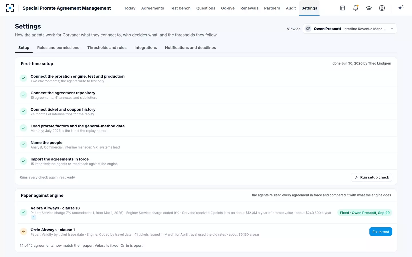 Special Prorate Agreement Management — Setup and paper against engine