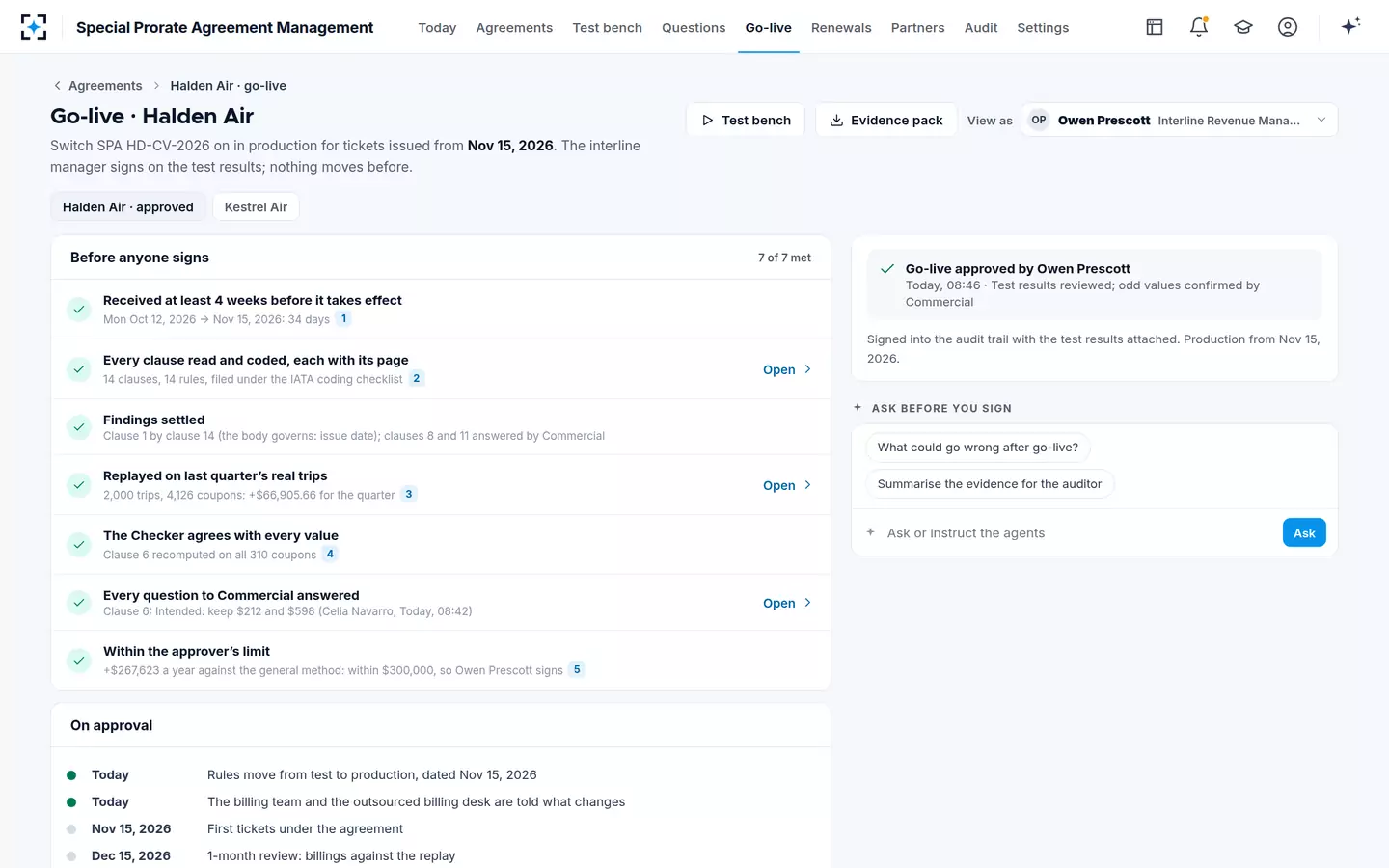 Special Prorate Agreement Management — Go-live signed
