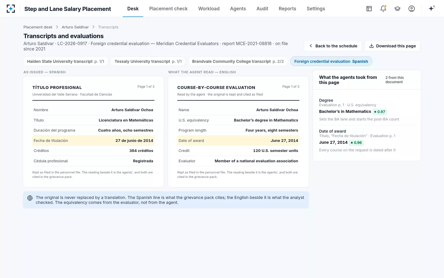 Step and Lane Salary Placement — A foreign credential evaluation beside the original degree, and the date the count starts