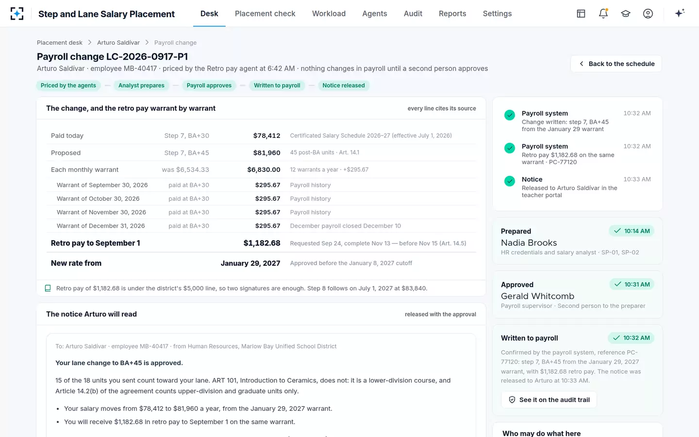 Step and Lane Salary Placement — One person prepares, a second approves, and only then does payroll change