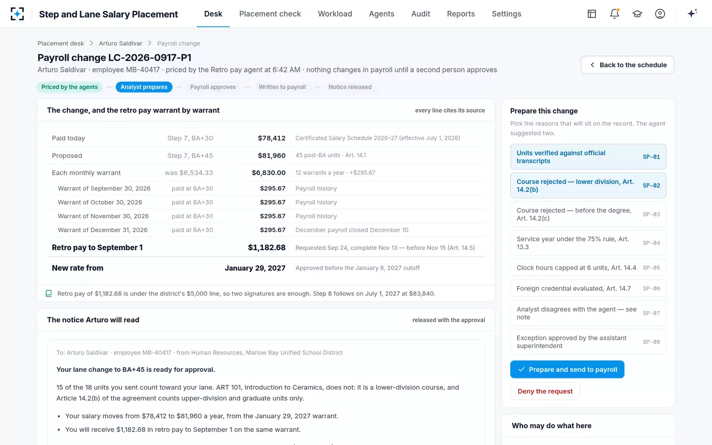 Step and Lane Salary Placement — Teacher retro pay priced warrant by warrant to the deadline