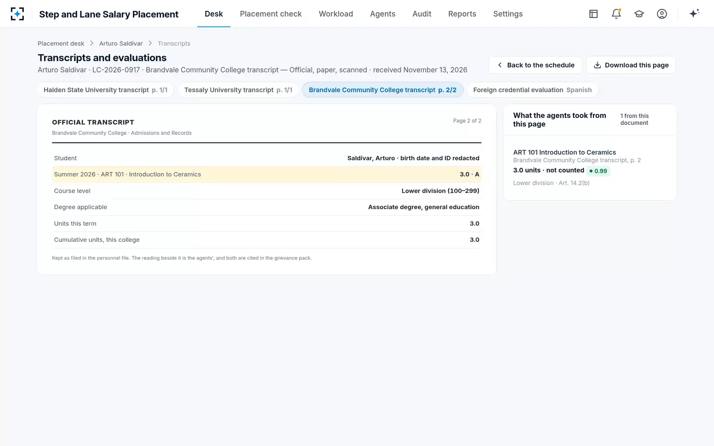 Step and Lane Salary Placement — The transcript page with the course line lit
