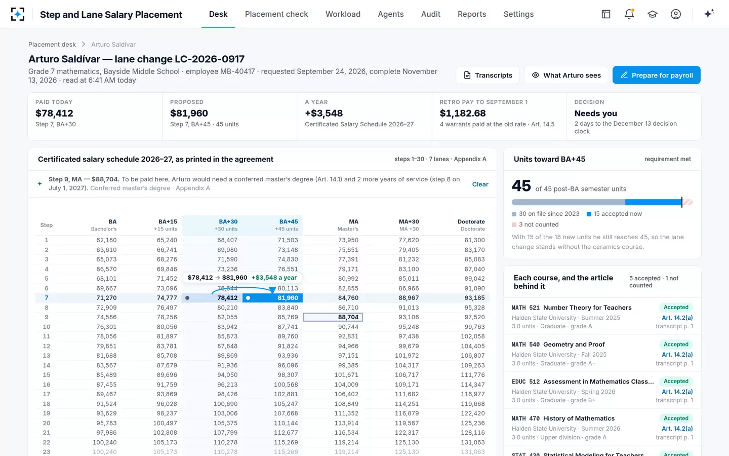 Step and Lane Salary Placement — Ask any cell what it would take to be paid there