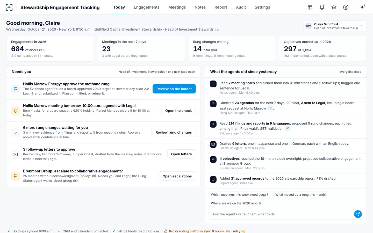 Stewardship Engagement Tracking — Today: engagements, meetings and approvals