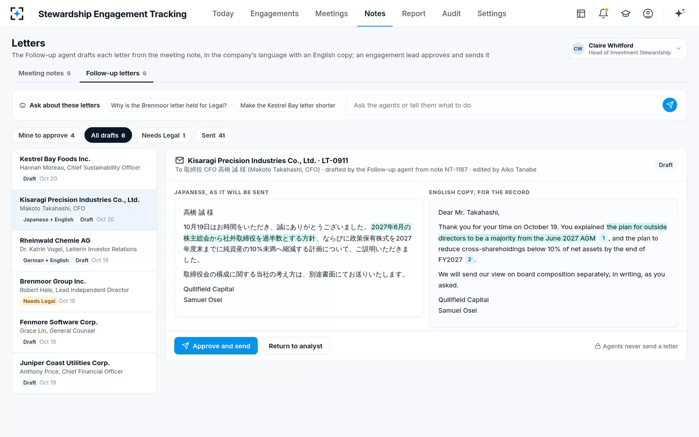 Stewardship Engagement Tracking — Follow-up letters in any language