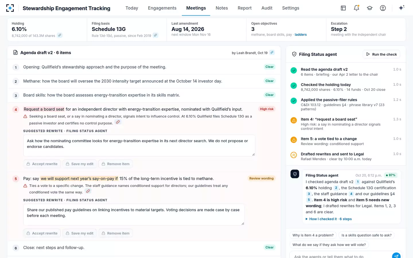 Stewardship Engagement Tracking — Pre-meeting Schedule 13G check