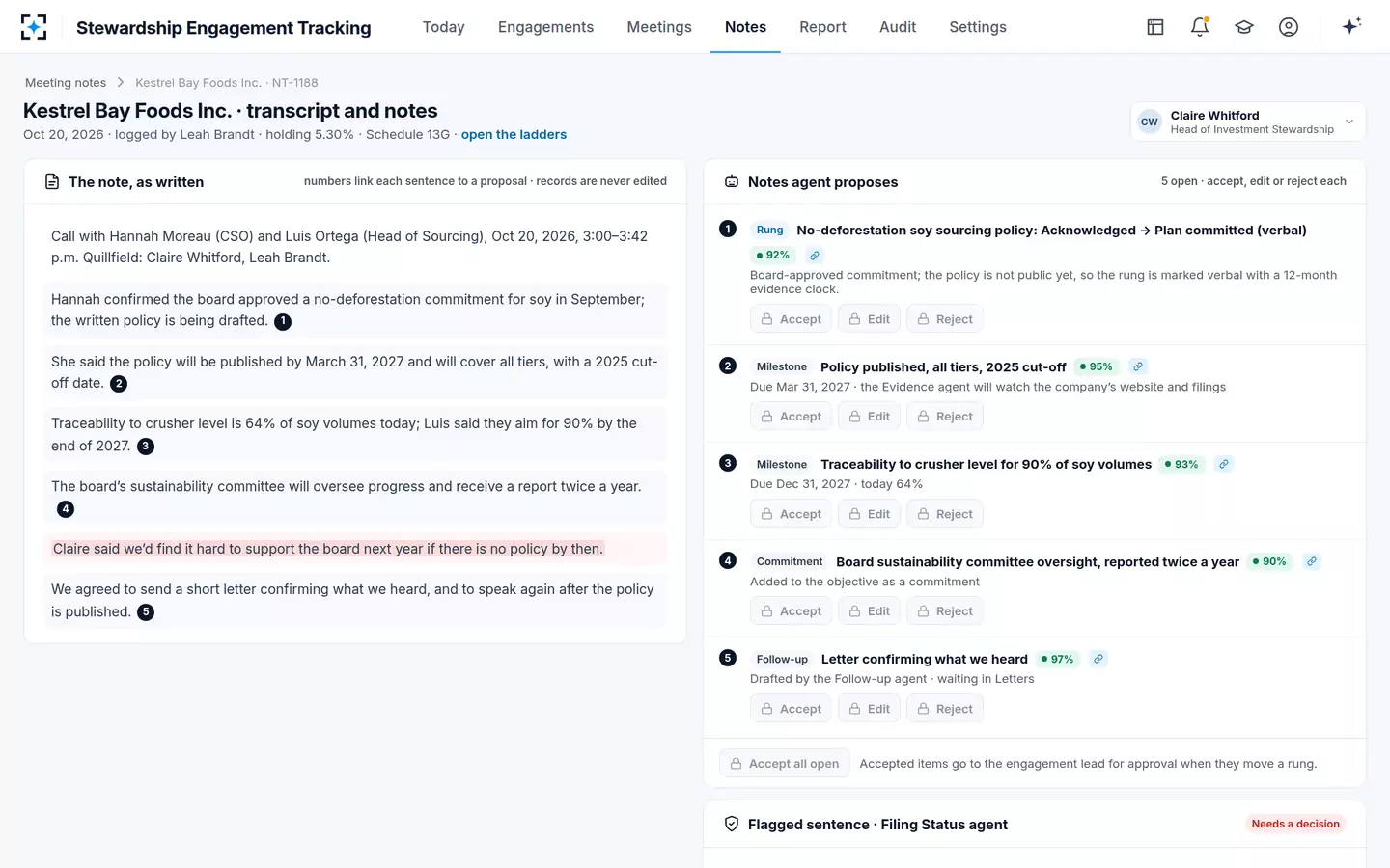 Stewardship Engagement Tracking — A meeting note becomes milestones