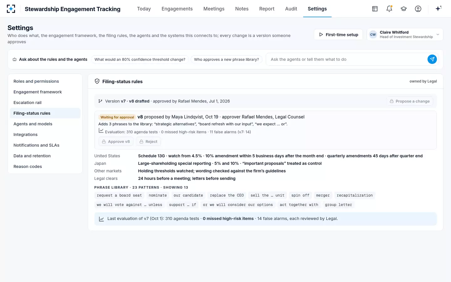 Stewardship Engagement Tracking — Schedule 13G filing-status rules