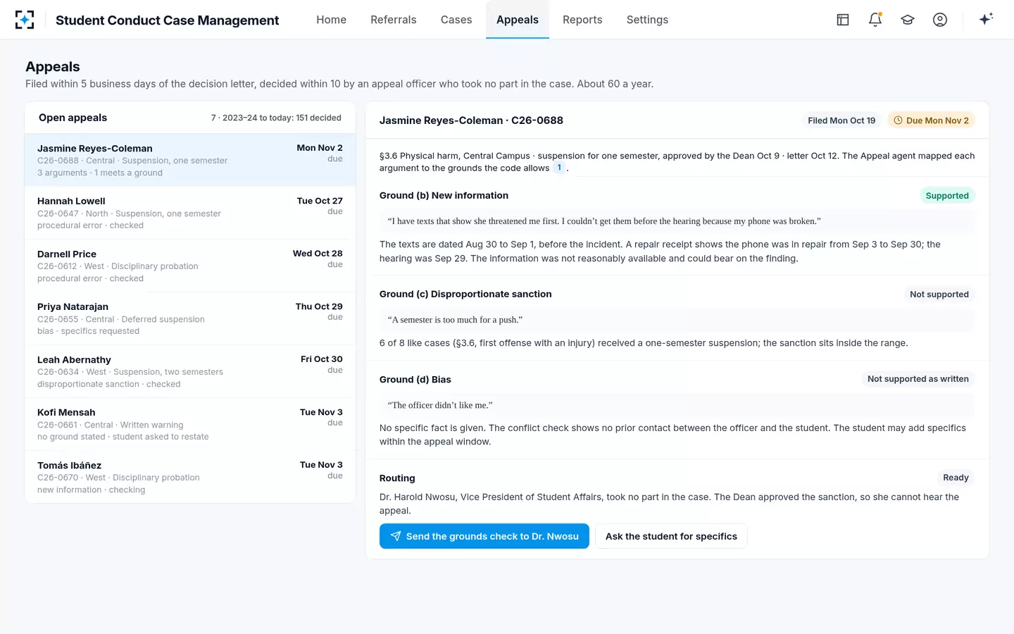 Student Conduct Case Management — The student conduct appeal process, grounds checked against the code