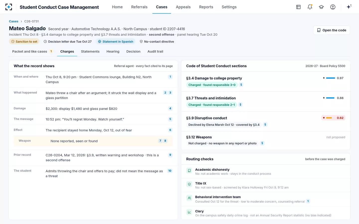 Student Conduct Case Management — Charges from the record, each fact cited