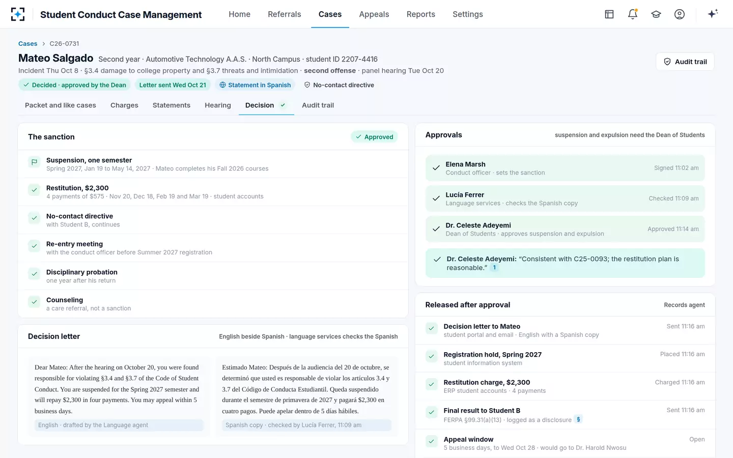 Student Conduct Case Management — Approved by the Dean of Students, then released