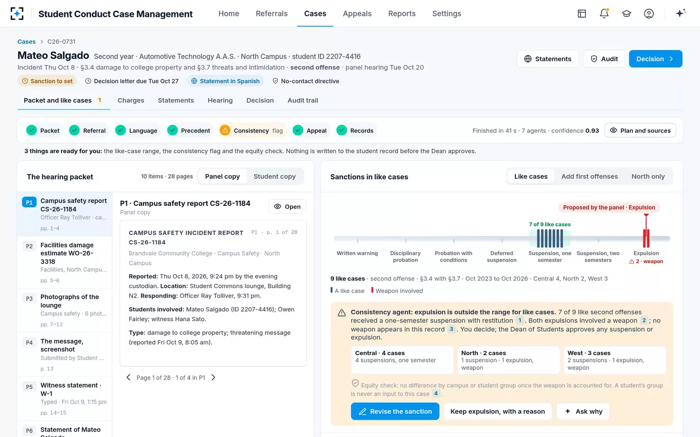 Student Conduct Case Management — The hearing packet beside the like-case sanction range