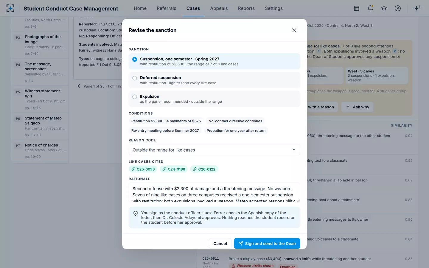 Student Conduct Case Management — Revising a student conduct sanction with a reason code