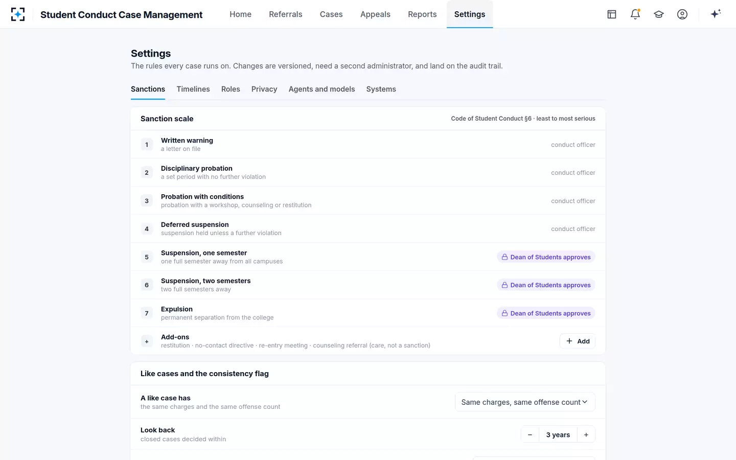 Student Conduct Case Management — The sanction scale and like-case rules