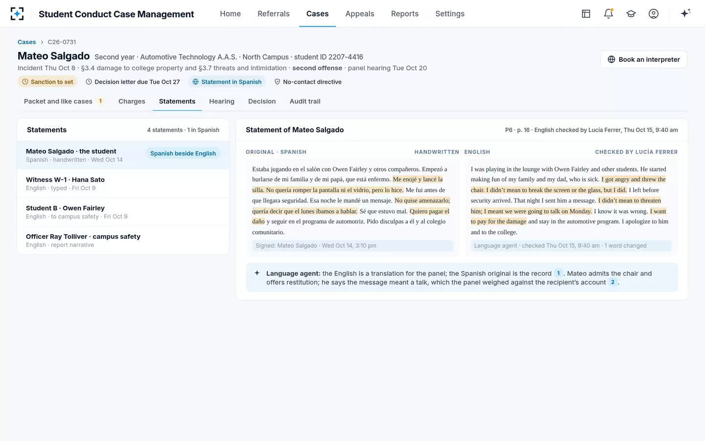 Student Conduct Case Management — The student's statement in Spanish beside English