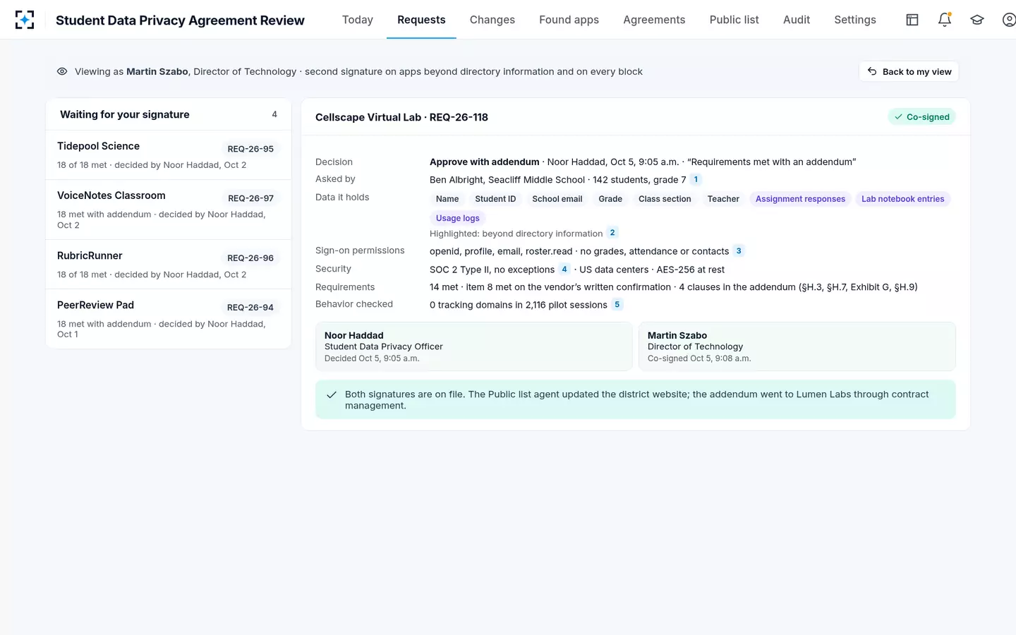 Student Data Privacy Agreement Review — A second signature before student data flows
