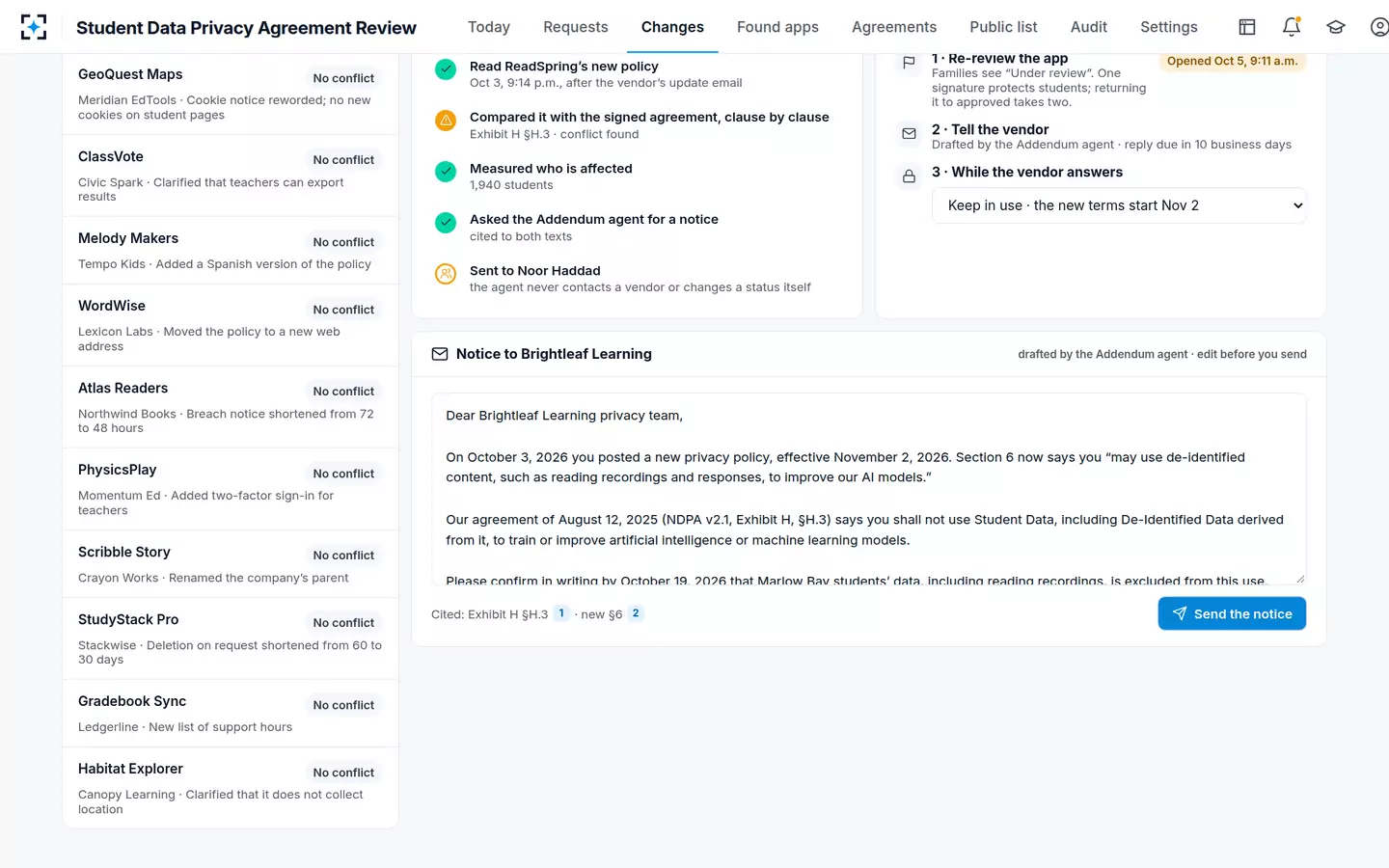 Student Data Privacy Agreement Review — The notice to the vendor, drafted the same day