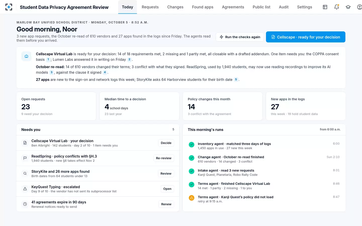 Student Data Privacy Agreement Review — The privacy officer's morning, already read