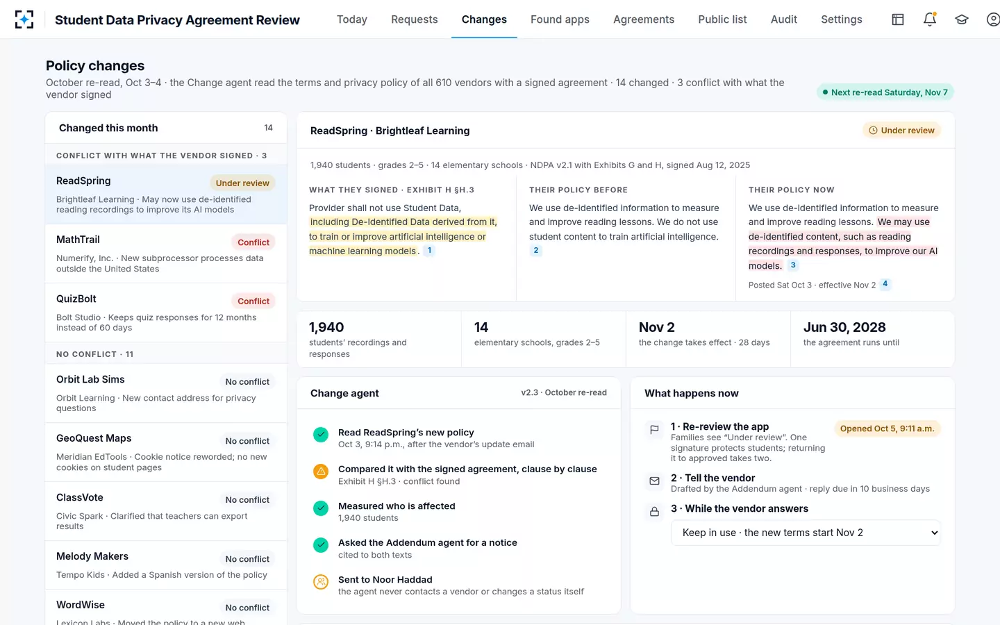Student Data Privacy Agreement Review — A changed privacy policy, caught against the signed clause