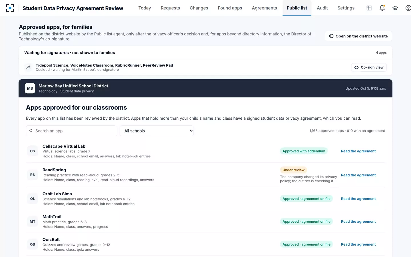 Student Data Privacy Agreement Review — The approved-app list families see