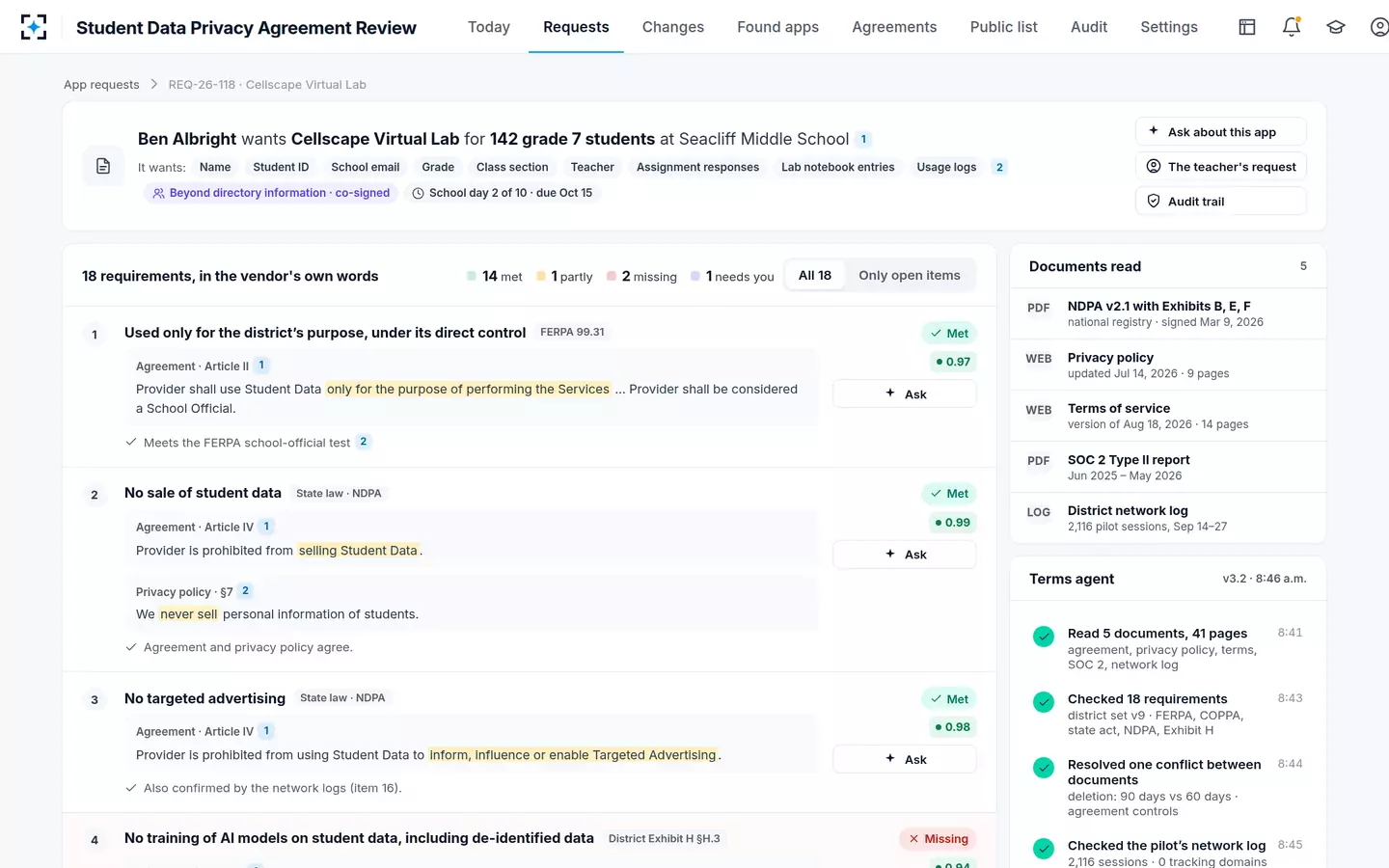 Student Data Privacy Agreement Review — One app request, read against 18 requirements