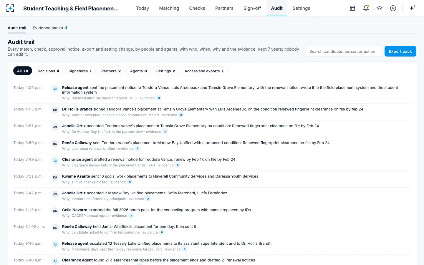 Student Teaching & Field Placement Management — Audit trail: every match, check, approval and notice