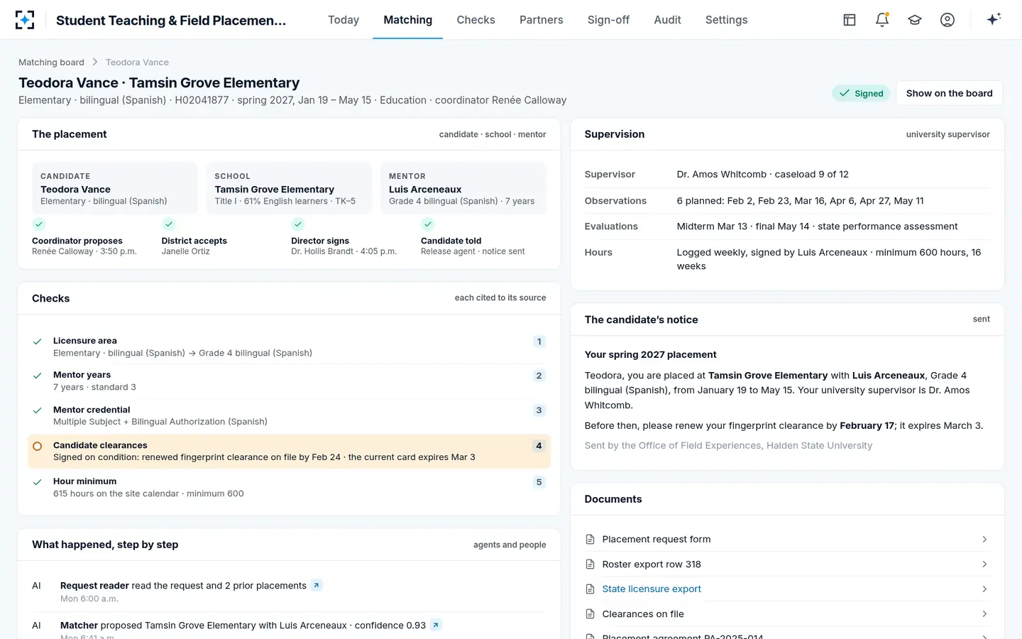 Student Teaching & Field Placement Management — The signed placement record, step by step