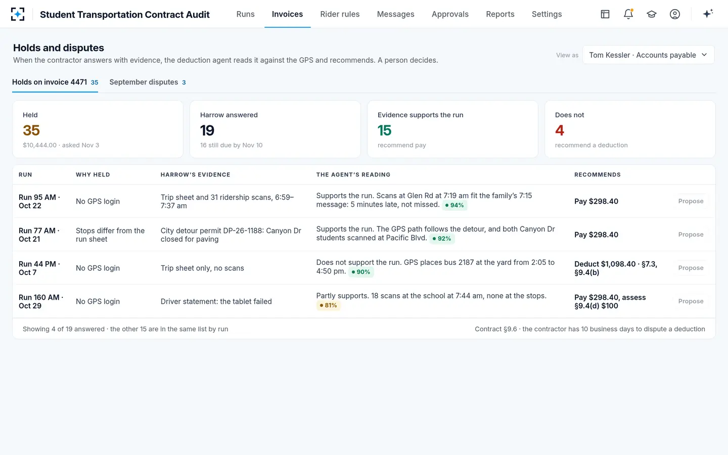 Student Transportation Contract Audit — The contractor's evidence, re-checked by the agent