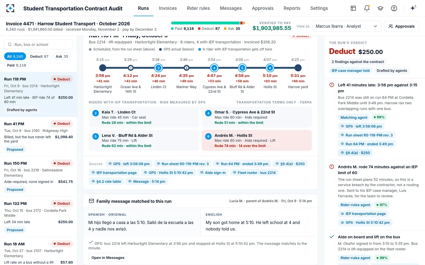 Student Transportation Contract Audit — A late-bus message in Spanish, matched to the GPS