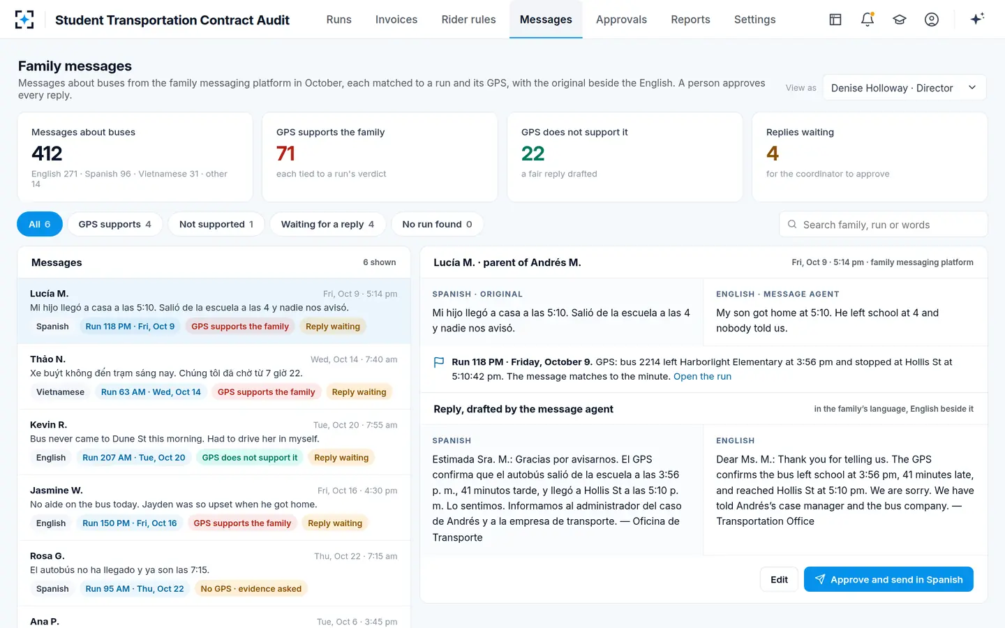 Student Transportation Contract Audit — Every late-bus report from a family, tied to a run