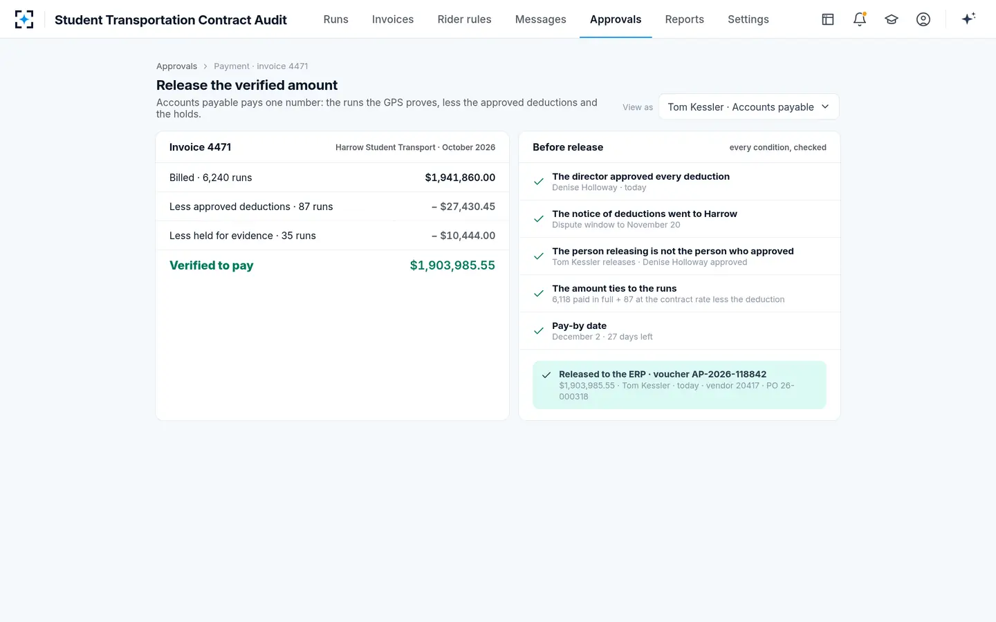 Student Transportation Contract Audit — Accounts payable pays only the verified amount