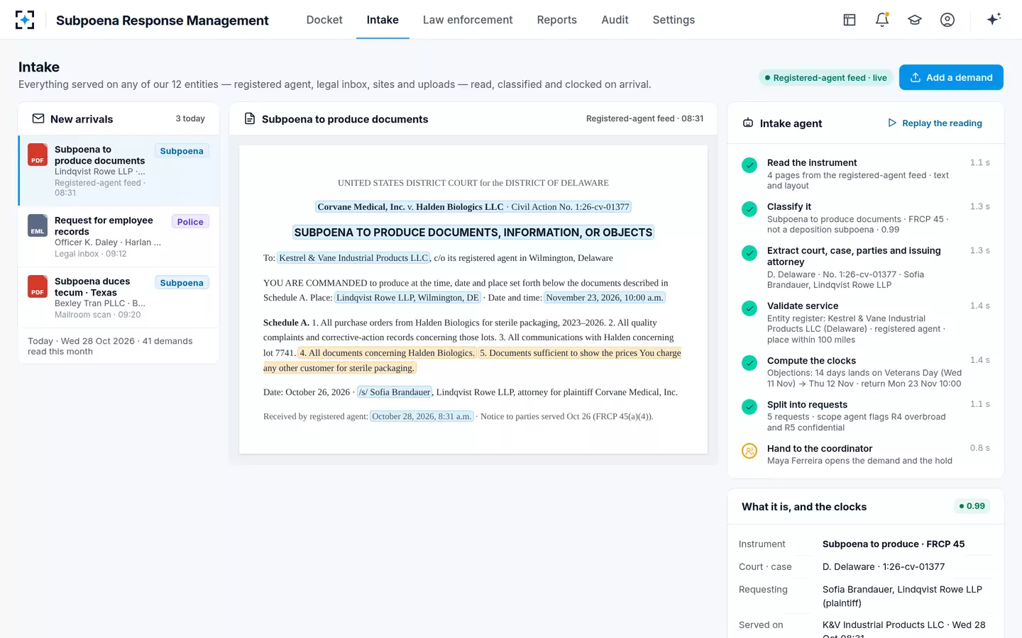 Subpoena Response Management — Intake